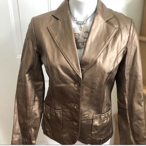 Dialogue Leather Jacket Blazer Metallic Gold Sz XS